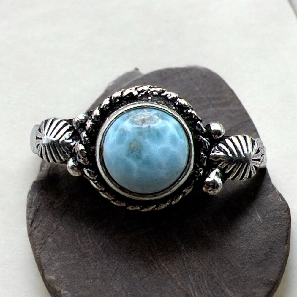 New Blue Larimar Stone Boho Silver Overlay Ring Size 7.5